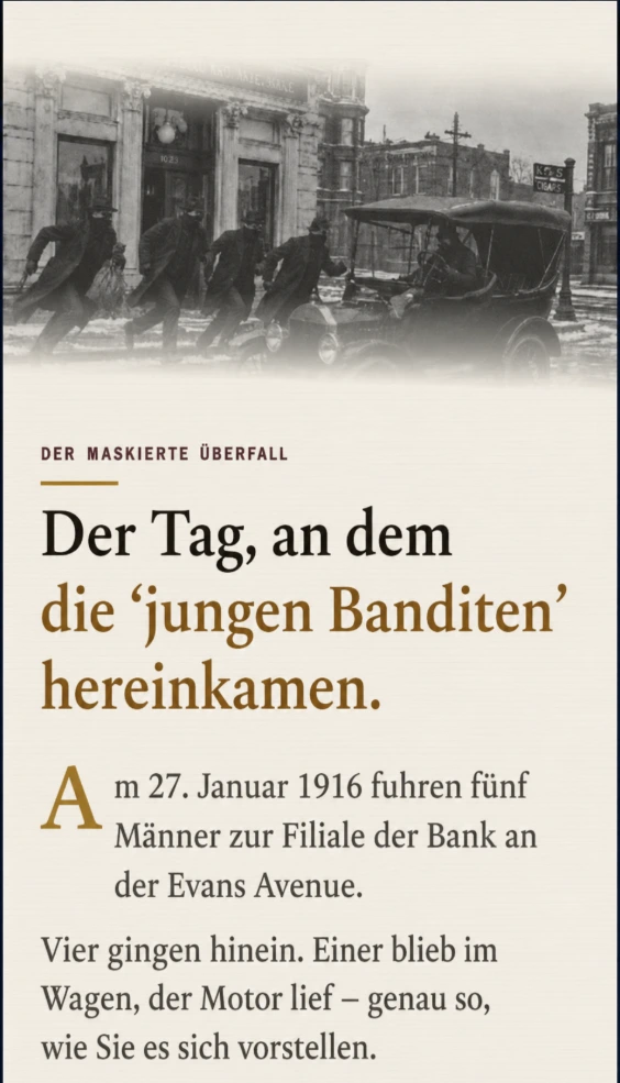 Vorschau der Startausgabe von Rooted Chicago Field Notes mit der Geschichte des Überfalls auf die Washington Park National Bank von 1916.